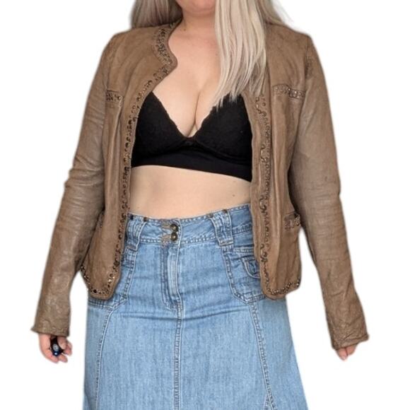 Vintage Violanti Studded Leather Jacket Linen Lined Brown Western Streetwear - Picture 2 of 9